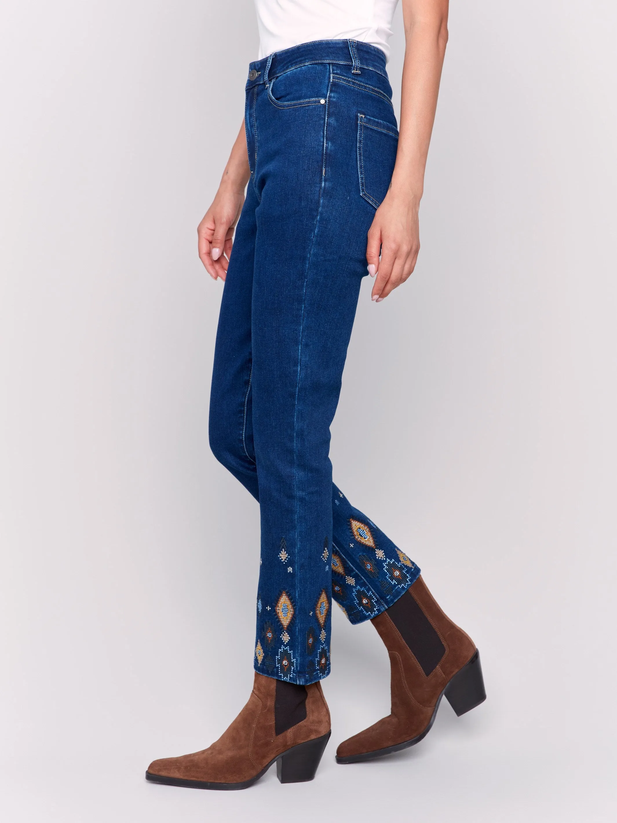 Slim Fit Jeans With Beaded Hem - Indigo