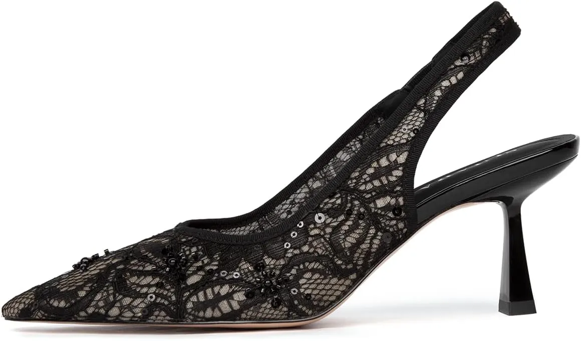Slingback Wedding Heels for Women Bridal Lace Mesh Kitten Heel Closed Pointed Toe Pearl Pumps Shoes