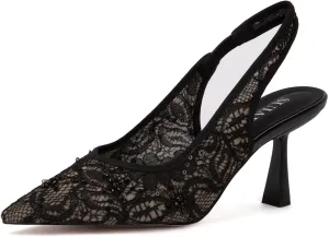 Slingback Wedding Heels for Women Bridal Lace Mesh Kitten Heel Closed Pointed Toe Pearl Pumps Shoes