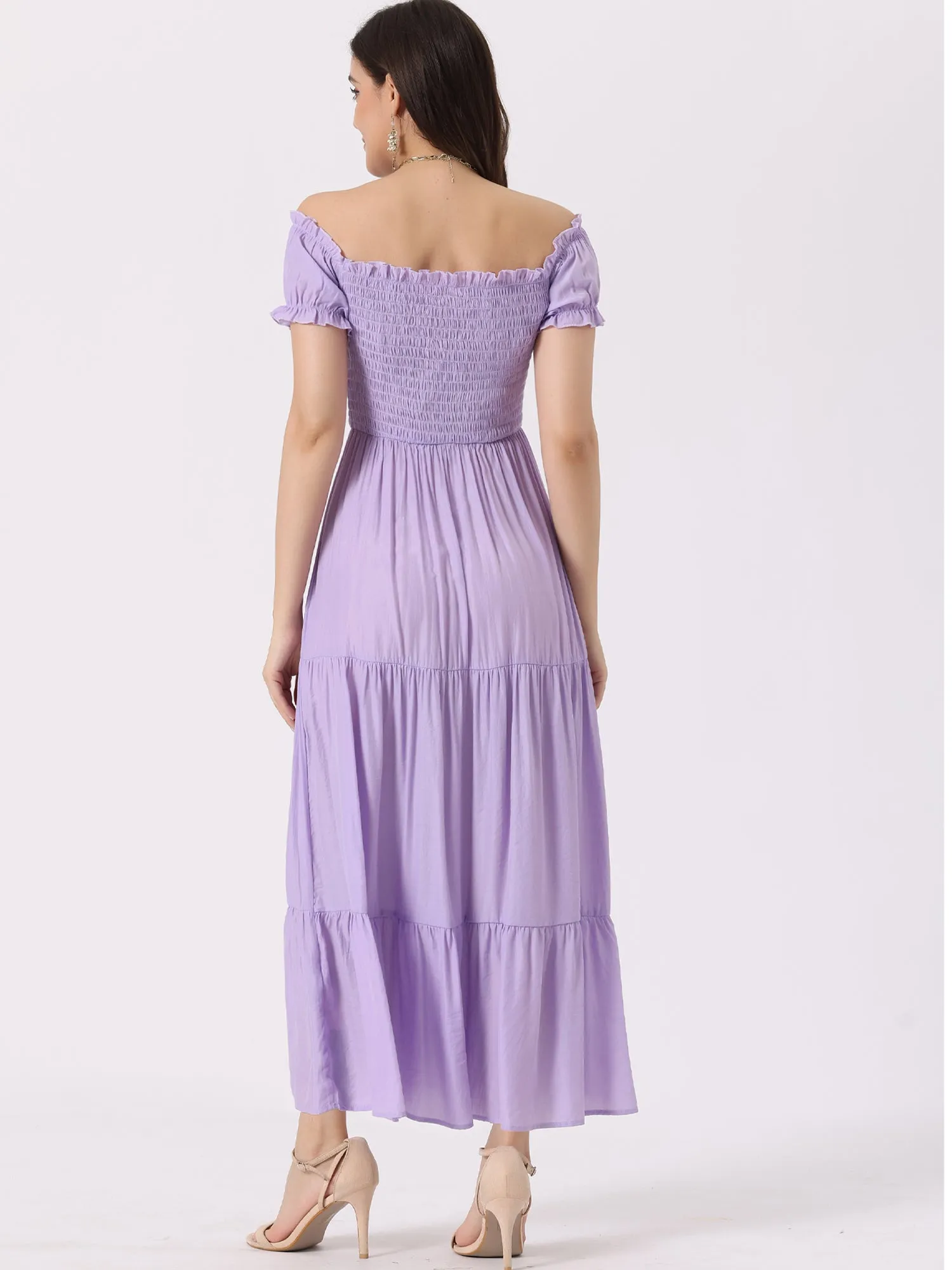 Smocked Tiered Off Shoulder Puff Sleeves Ruffle Maxi Dress