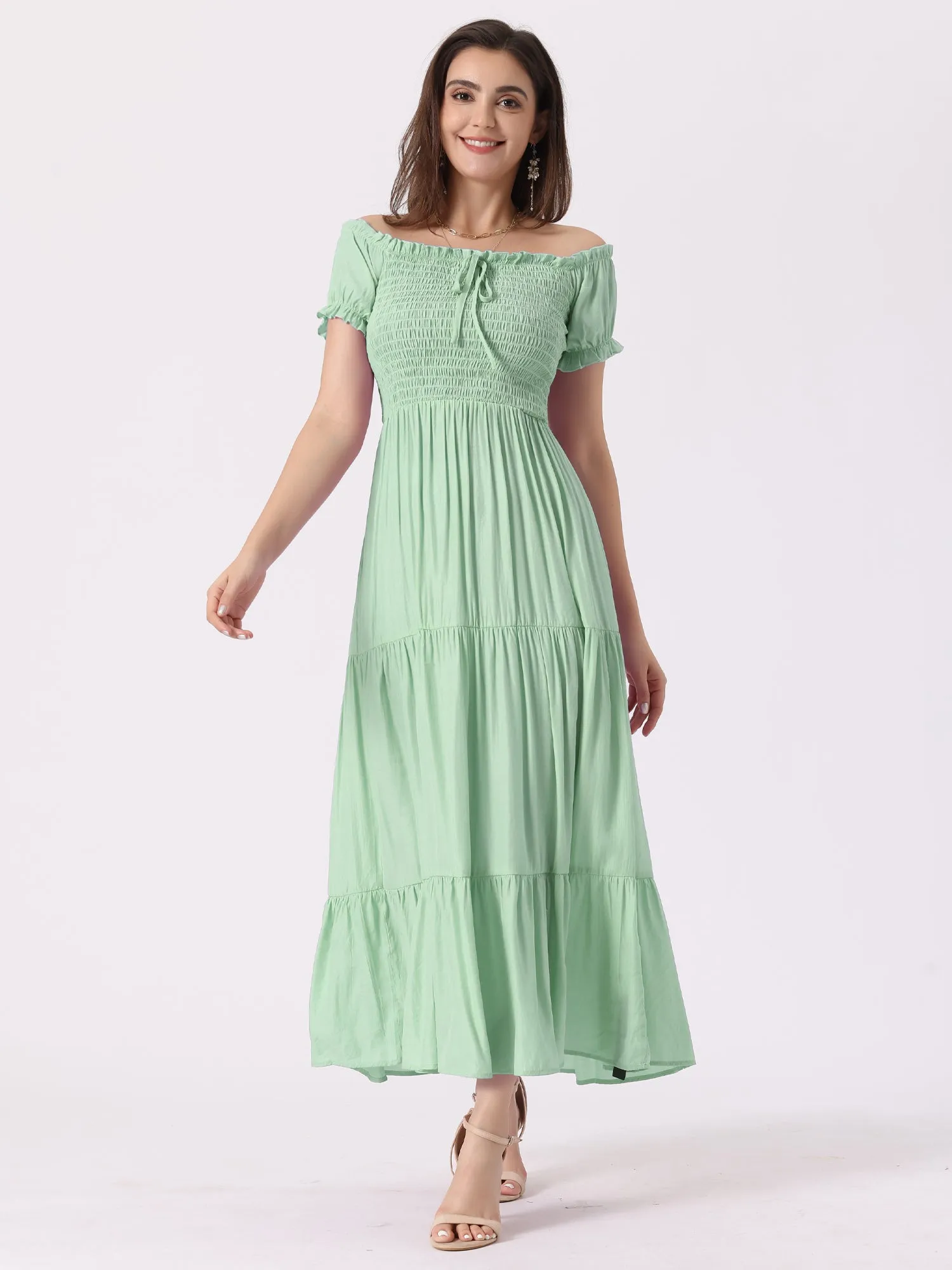 Smocked Tiered Off Shoulder Puff Sleeves Ruffle Maxi Dress