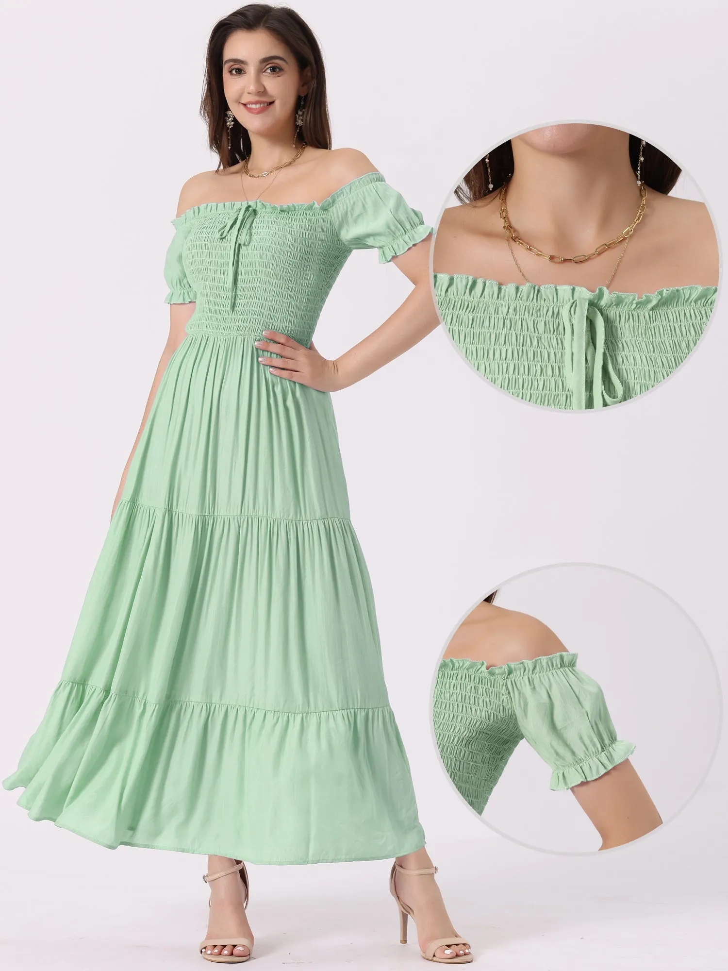 Smocked Tiered Off Shoulder Puff Sleeves Ruffle Maxi Dress