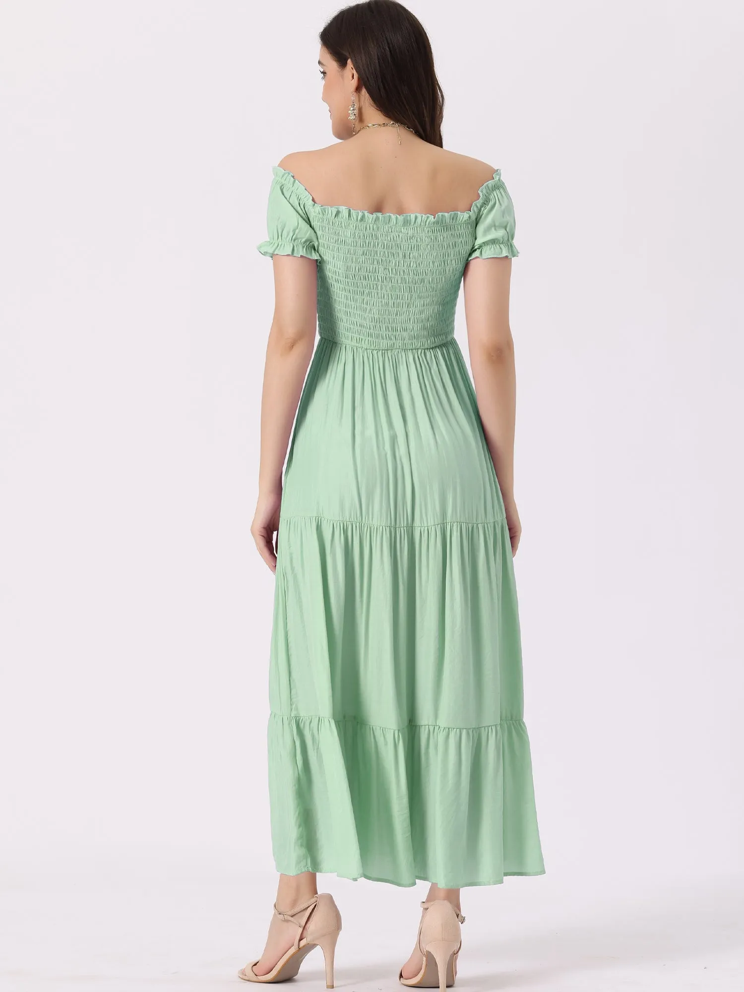 Smocked Tiered Off Shoulder Puff Sleeves Ruffle Maxi Dress