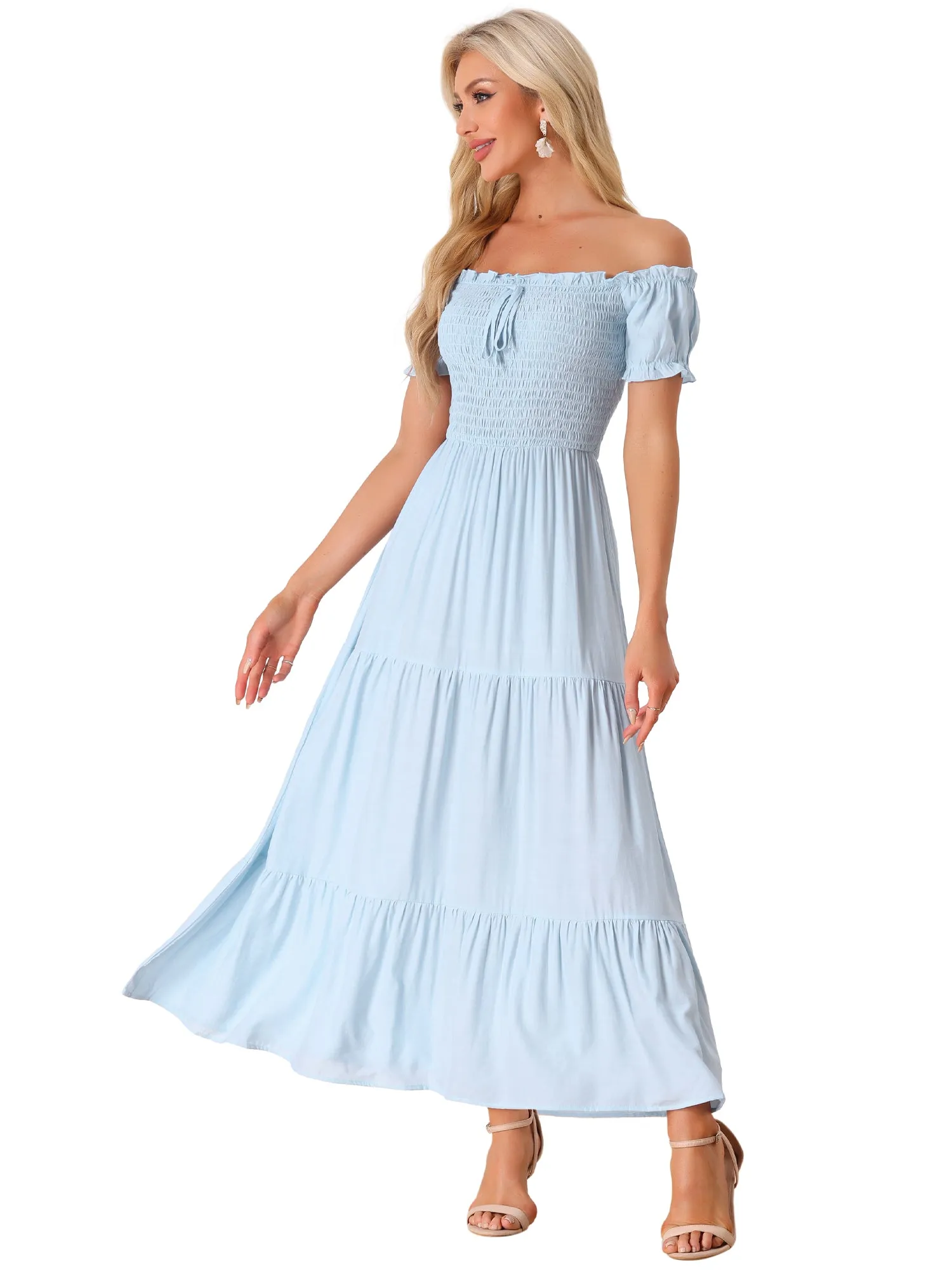 Smocked Tiered Off Shoulder Puff Sleeves Ruffle Maxi Dress