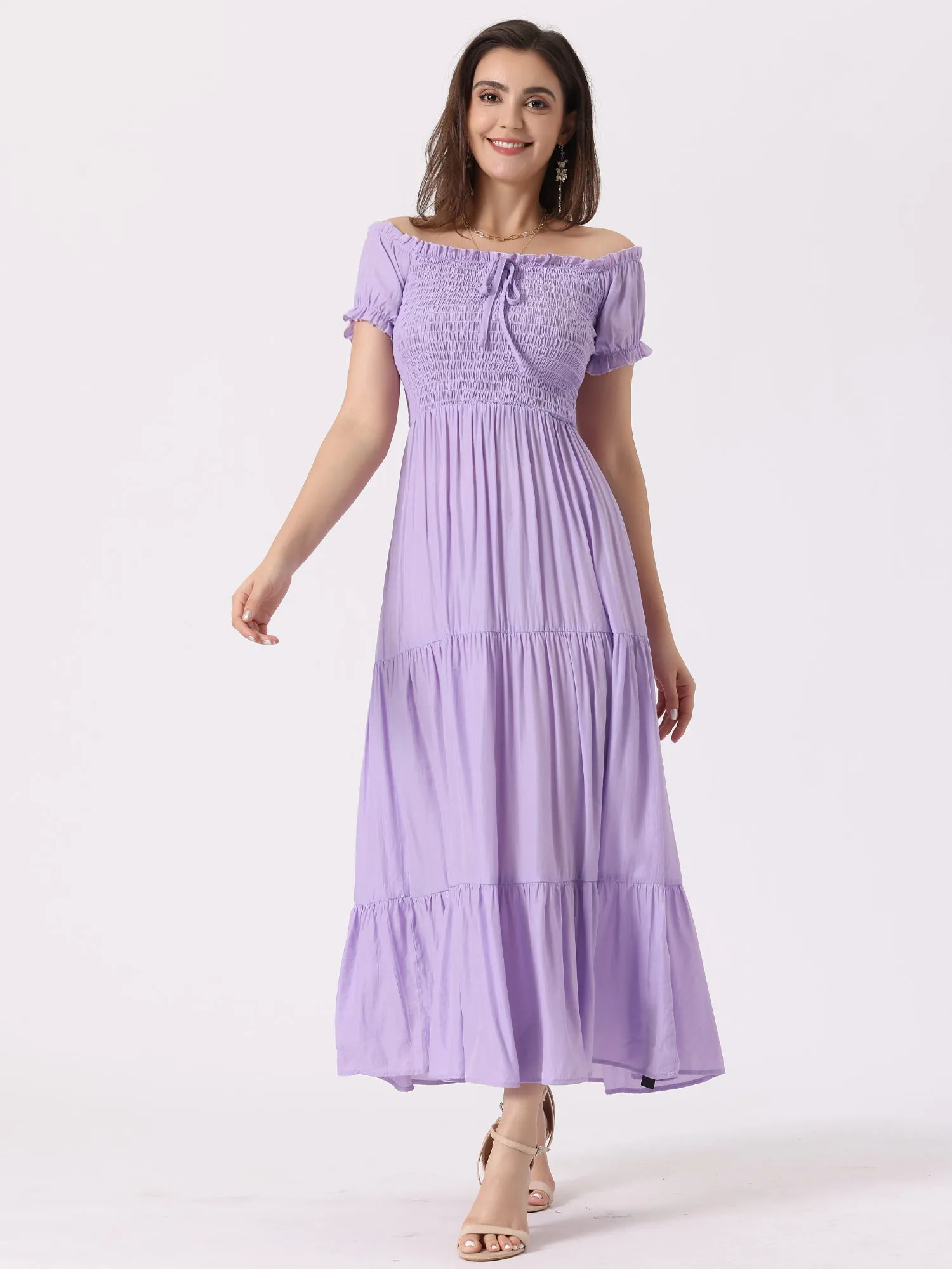 Smocked Tiered Off Shoulder Puff Sleeves Ruffle Maxi Dress