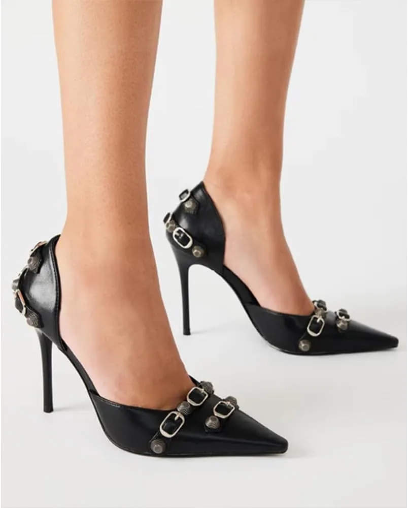 SO SIMPOK Women's Studded Pumps Pointed Stiletto High Heel Sexy Buckle Slip on Formal Casual Heels
