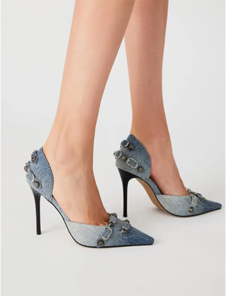 SO SIMPOK Women's Studded Pumps Pointed Stiletto High Heel Sexy Buckle Slip on Formal Casual Heels