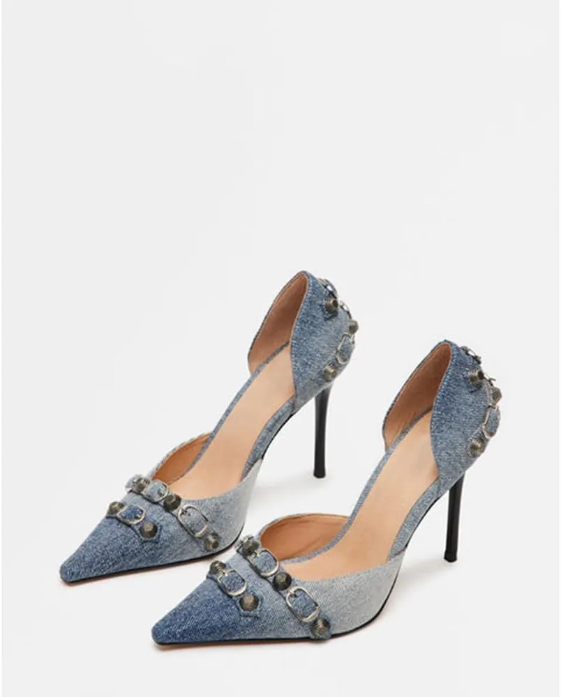 SO SIMPOK Women's Studded Pumps Pointed Stiletto High Heel Sexy Buckle Slip on Formal Casual Heels