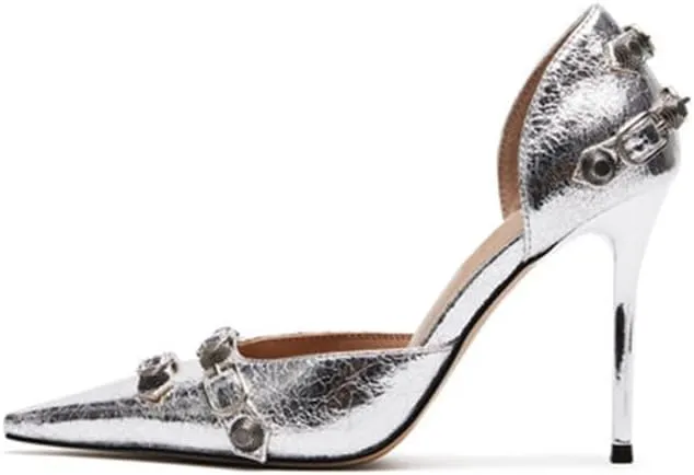 SO SIMPOK Women's Studded Pumps Pointed Stiletto High Heel Sexy Buckle Slip on Formal Casual Heels