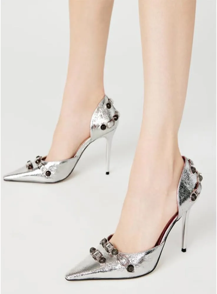 SO SIMPOK Women's Studded Pumps Pointed Stiletto High Heel Sexy Buckle Slip on Formal Casual Heels