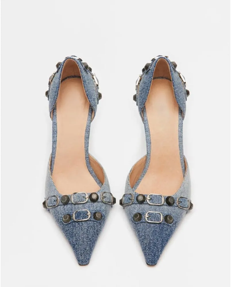 SO SIMPOK Women's Studded Pumps Pointed Stiletto High Heel Sexy Buckle Slip on Formal Casual Heels