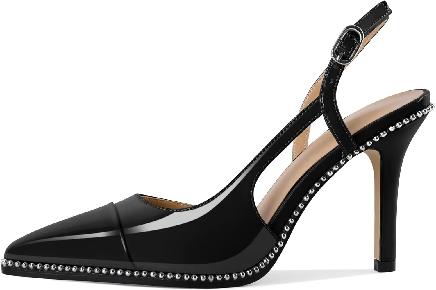 Soireelady Womens Sling Back Heels Pointed Cap Toe Beaded Pumps Stilettos High Heel Pumps Slip On D'Orsay Heels Dress Shoes Wedding 3.5 Inch