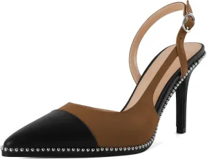 Soireelady Womens Sling Back Heels Pointed Cap Toe Beaded Pumps Stilettos High Heel Pumps Slip On D'Orsay Heels Dress Shoes Wedding 3.5 Inch