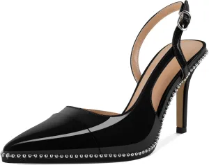 Soireelady Womens Sling Back Heels Pointed Cap Toe Beaded Pumps Stilettos High Heel Pumps Slip On D'Orsay Heels Dress Shoes Wedding 3.5 Inch