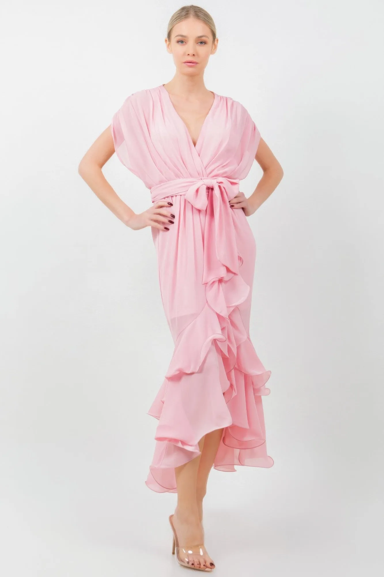 Solid Tie Waist Ruffle Midi Dress