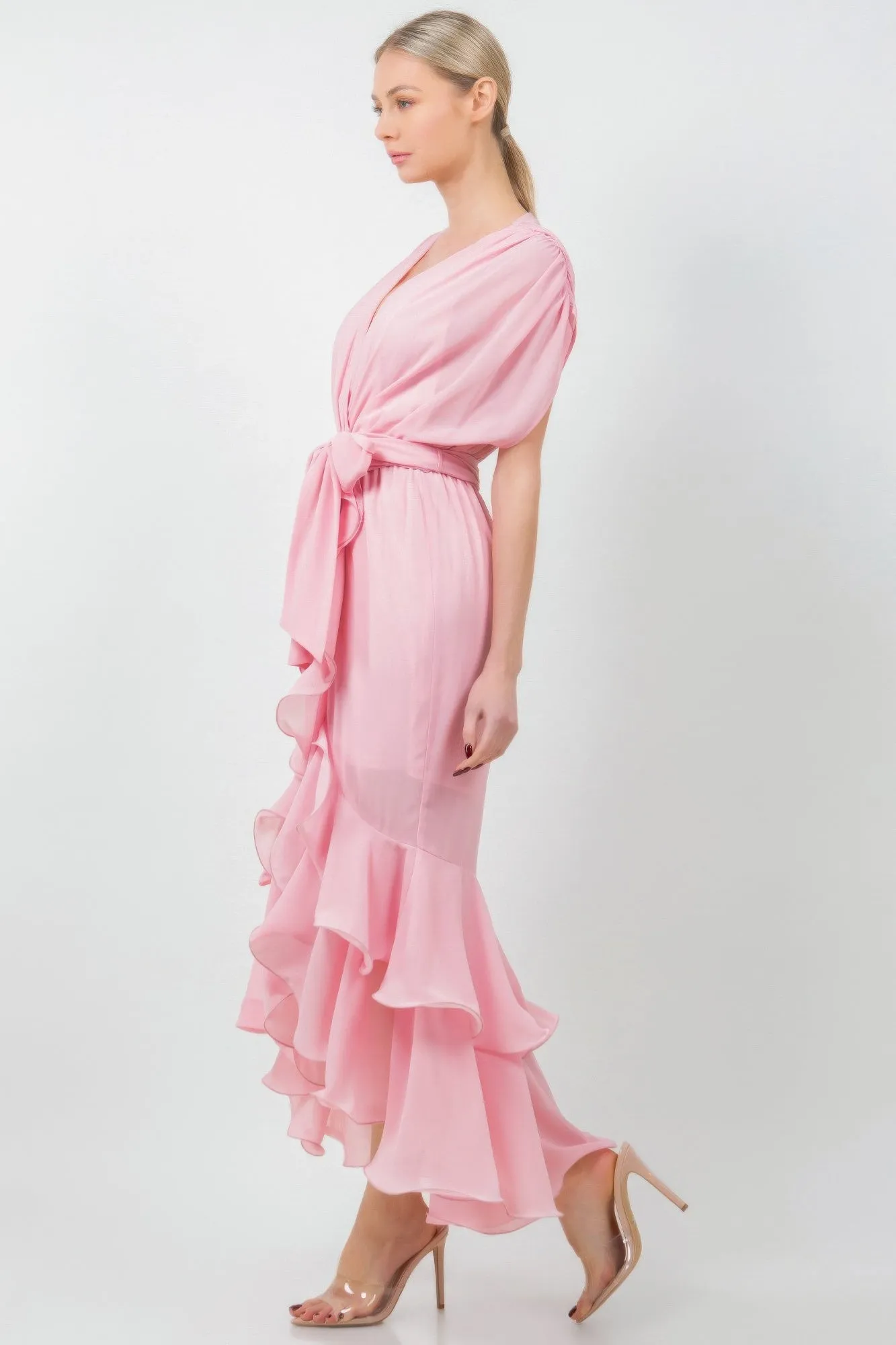 Solid Tie Waist Ruffle Midi Dress