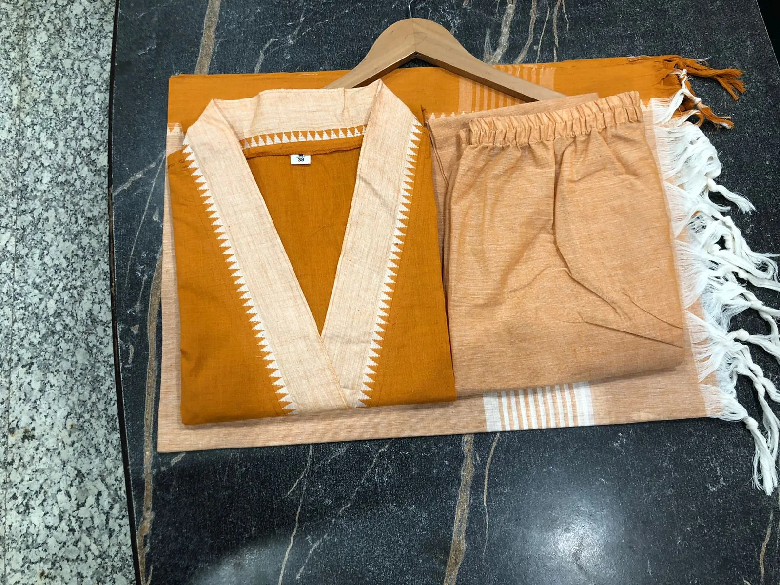 South Cotton Kurta Set with Self-Weaving Temple Border Dupatta