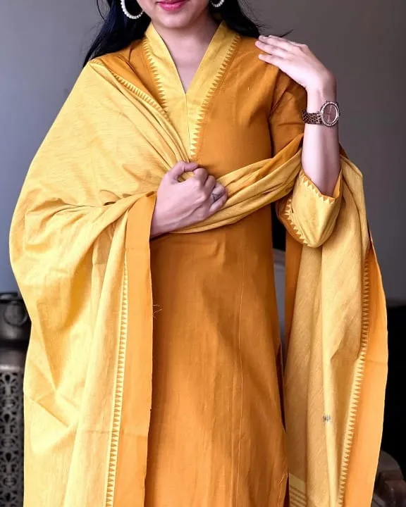 South Cotton Kurta Set with Self-Weaving Temple Border Dupatta