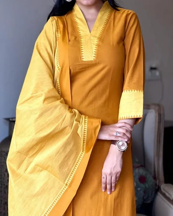 South Cotton Kurta Set with Self-Weaving Temple Border Dupatta