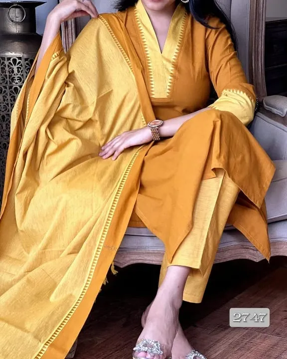 South Cotton Kurta Set with Self-Weaving Temple Border Dupatta