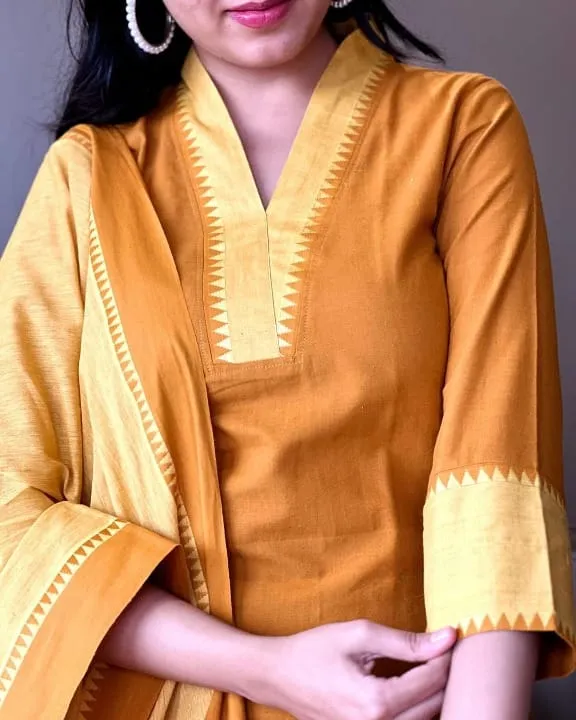 South Cotton Kurta Set with Self-Weaving Temple Border Dupatta