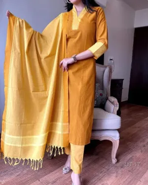 South Cotton Kurta Set with Self-Weaving Temple Border Dupatta
