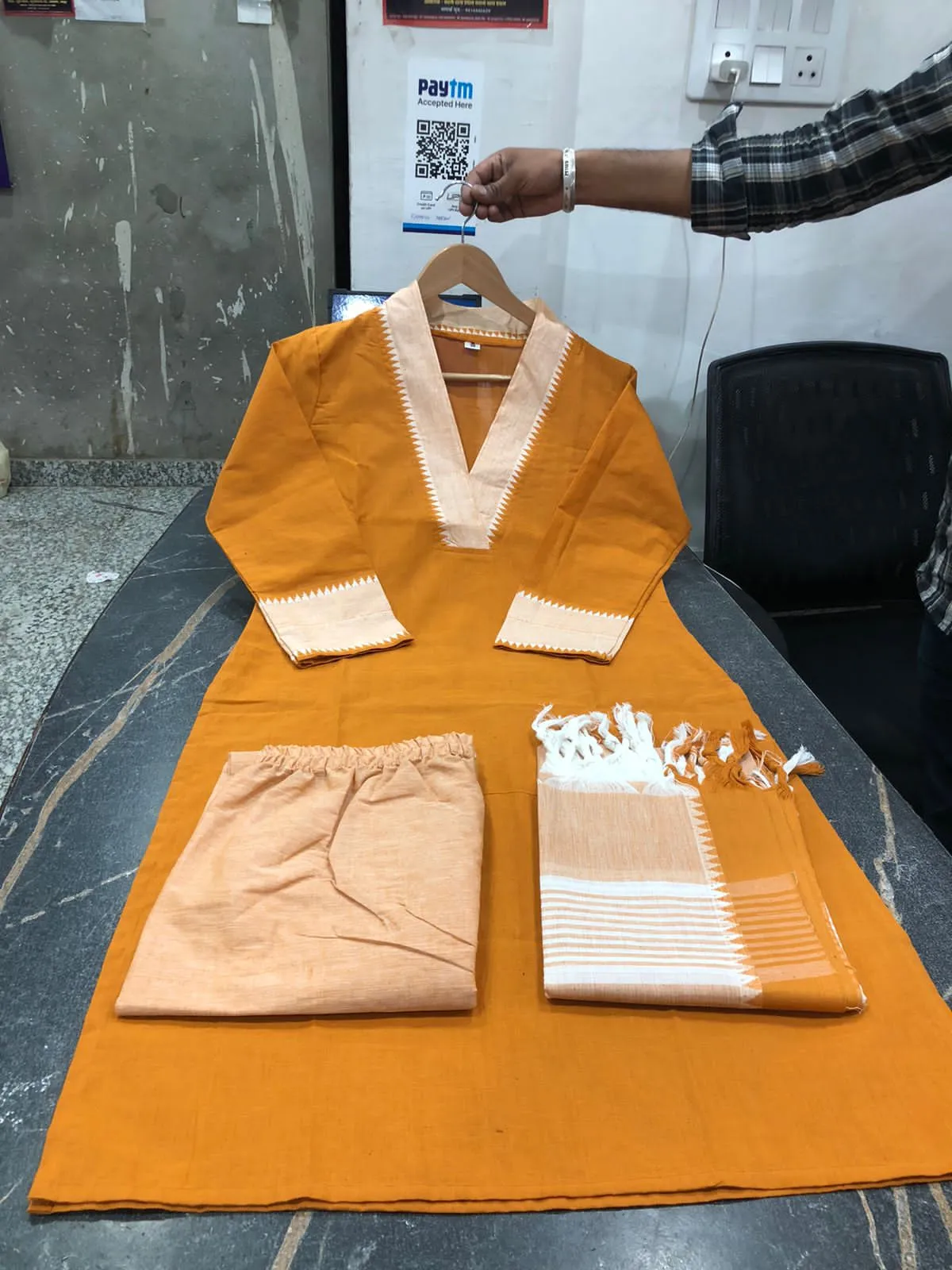 South Cotton Kurta Set with Self-Weaving Temple Border Dupatta