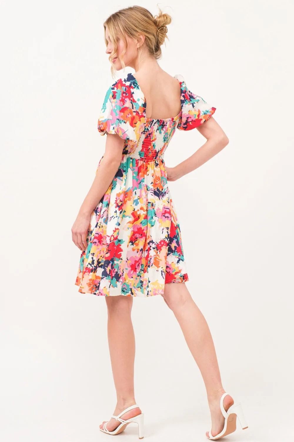 Square Neck Puff Sleeve Floral Dress