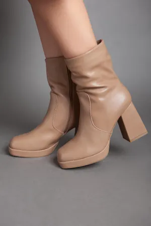 Squared Heeled Half Boot - Camel