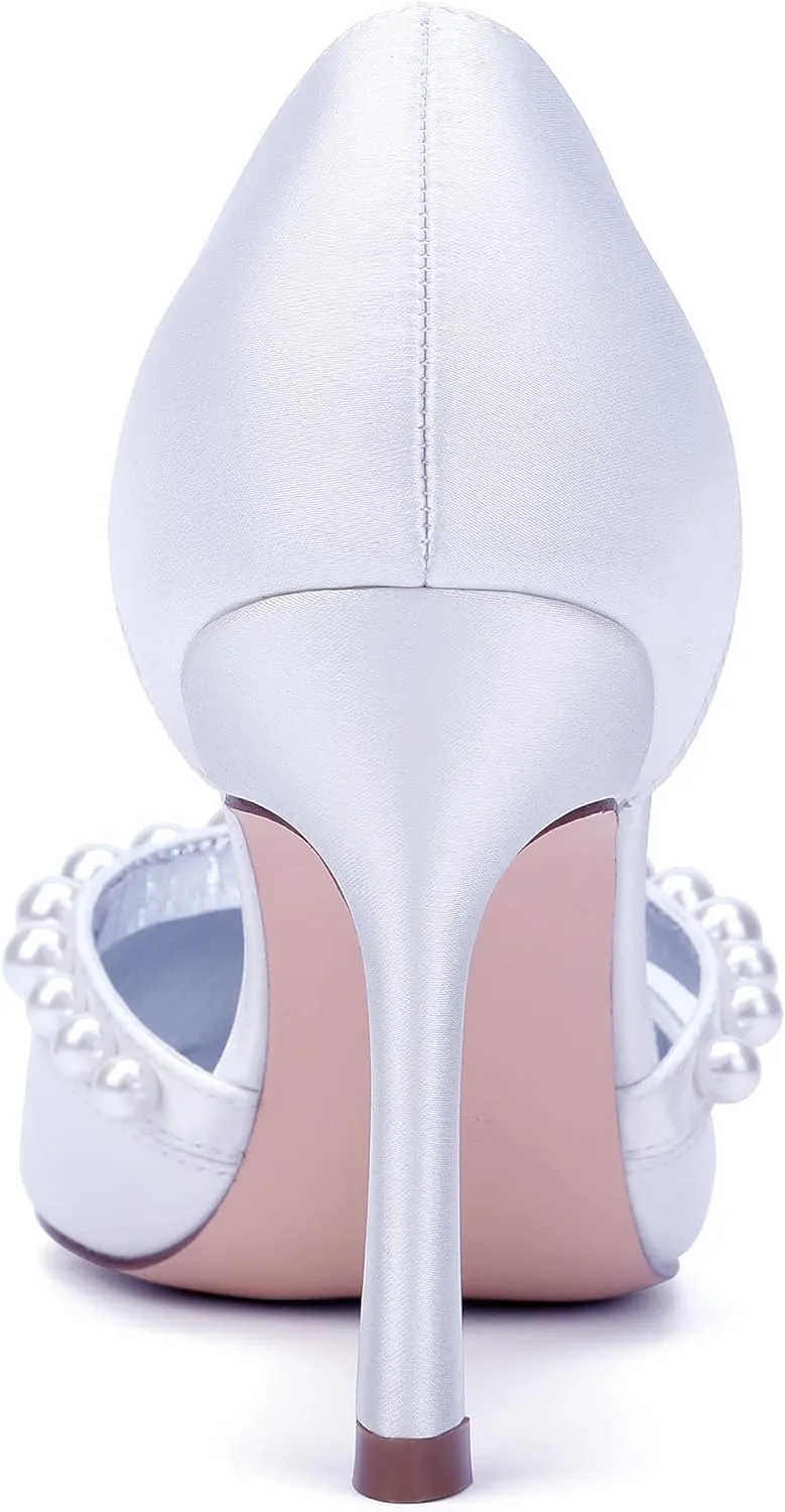 Stiletto Heels Wedding Pumps Pointed Toe Bridal Heels Satin Pearl Women Dress Shoes for Evening Party Platform Pump Shoes
