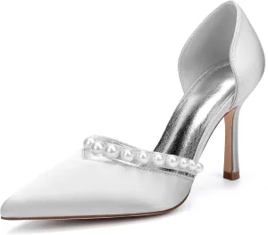 Stiletto Heels Wedding Pumps Pointed Toe Bridal Heels Satin Pearl Women Dress Shoes for Evening Party Platform Pump Shoes