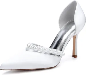 Stiletto Heels Wedding Pumps Pointed Toe Bridal Heels Satin Pearl Women Dress Shoes for Evening Party Platform Pump Shoes