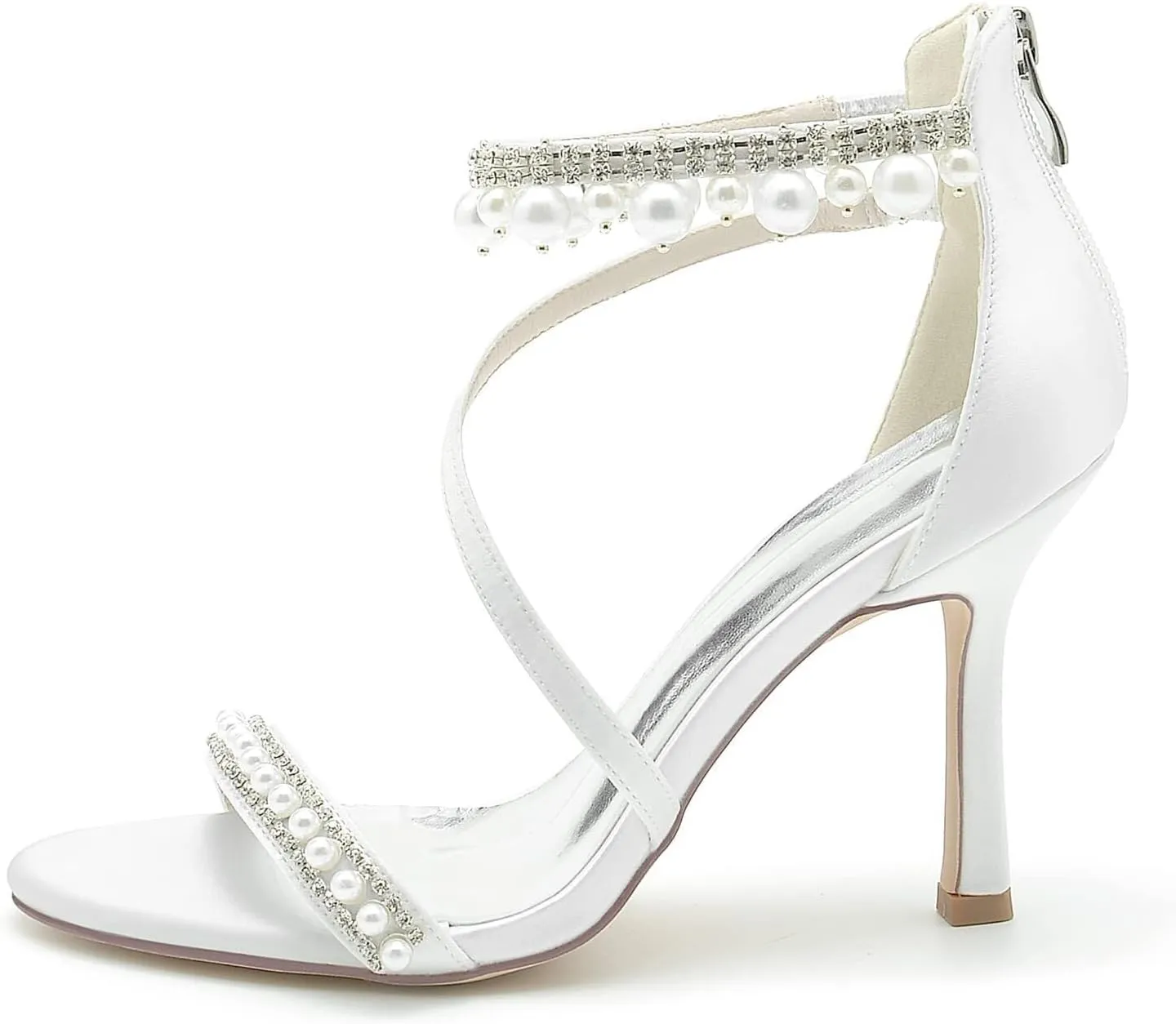 Stiletto Heels Wedding Shoes for Bride Open Toe Rhinestone Ankle Strap Women Heeled Sandals Bridal Heels Round Toe Pumps