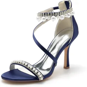 Stiletto Heels Wedding Shoes for Bride Open Toe Rhinestone Ankle Strap Women Heeled Sandals Bridal Heels Round Toe Pumps