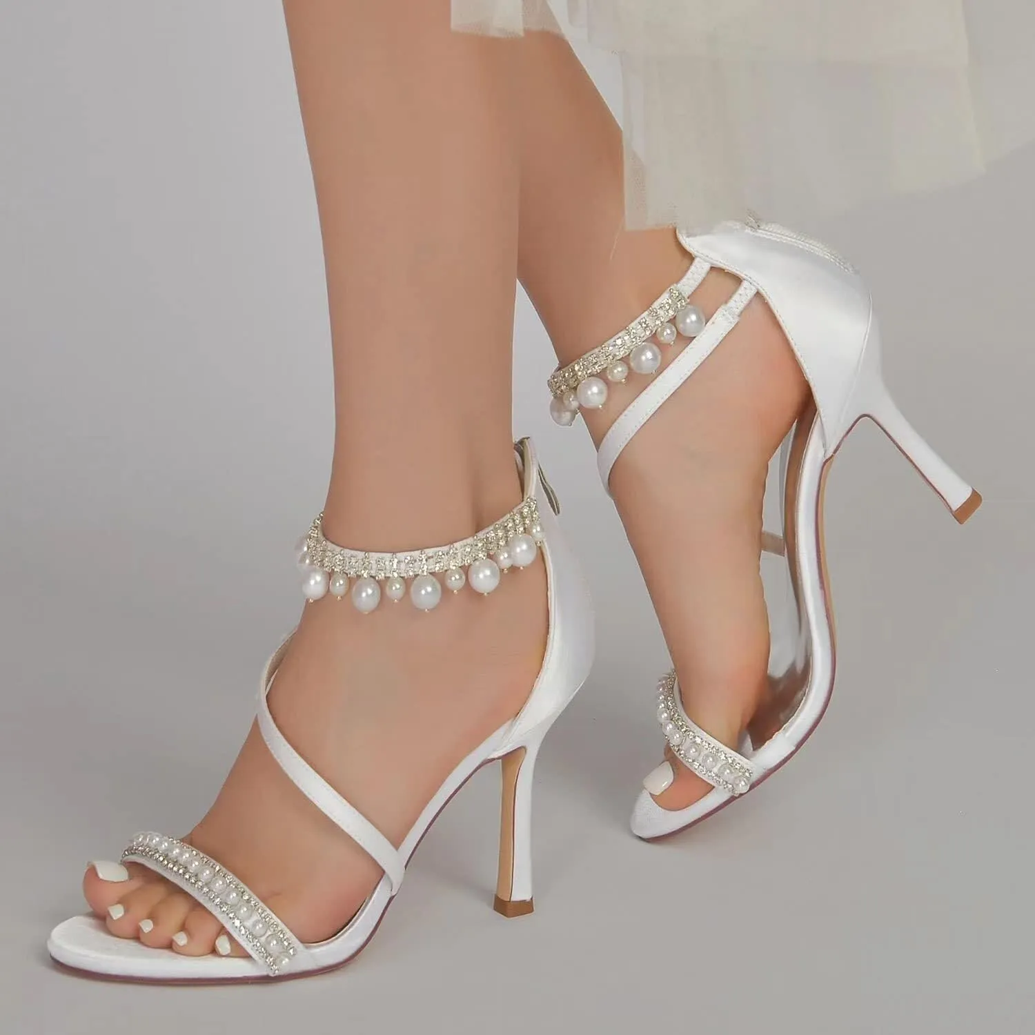 Stiletto Heels Wedding Shoes for Bride Open Toe Rhinestone Ankle Strap Women Heeled Sandals Bridal Heels Round Toe Pumps