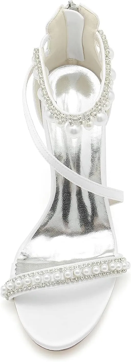 Stiletto Heels Wedding Shoes for Bride Open Toe Rhinestone Ankle Strap Women Heeled Sandals Bridal Heels Round Toe Pumps