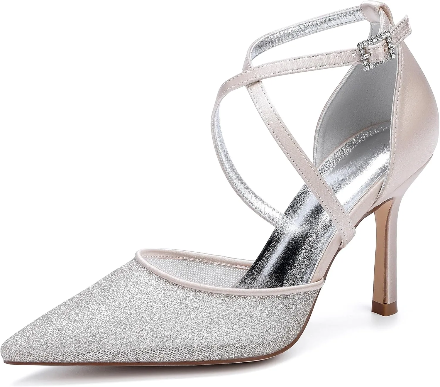 Stiletto Heels Wedding Shoes Pointed Toe Closed Toe Bridal Heels Evening Ankle Strap Shoes for Women Formal