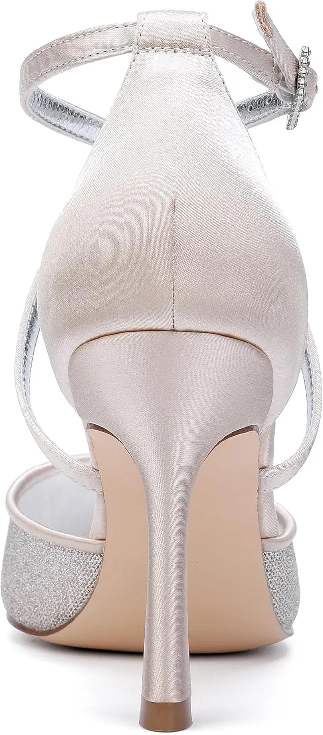 Stiletto Heels Wedding Shoes Pointed Toe Closed Toe Bridal Heels Evening Ankle Strap Shoes for Women Formal