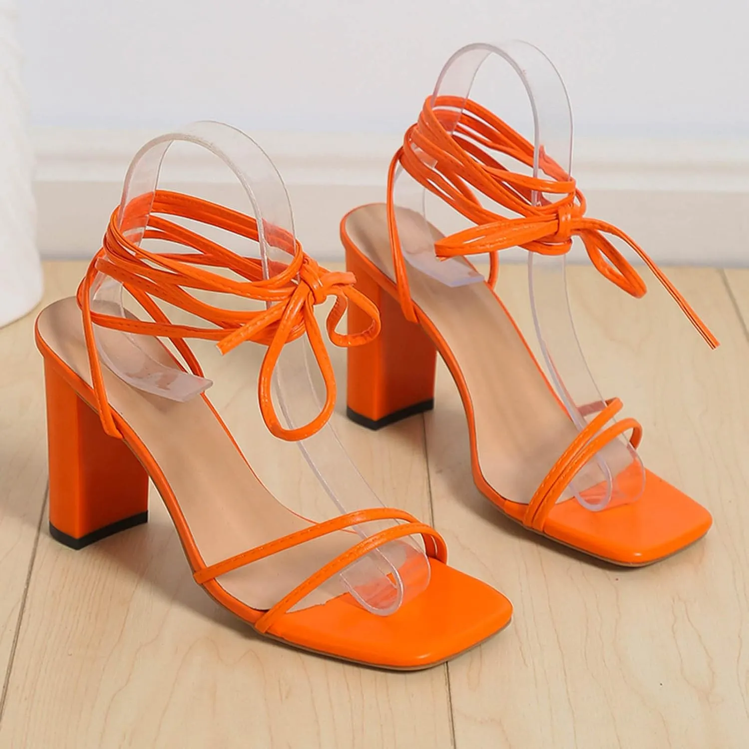 Strappy Heels for Women Bow Ankle Wrap Chunky Heels Open Toe Strappy Sandals Wedding Bride Dressy Pumps Block Heels