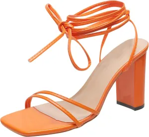 Strappy Heels for Women Bow Ankle Wrap Chunky Heels Open Toe Strappy Sandals Wedding Bride Dressy Pumps Block Heels