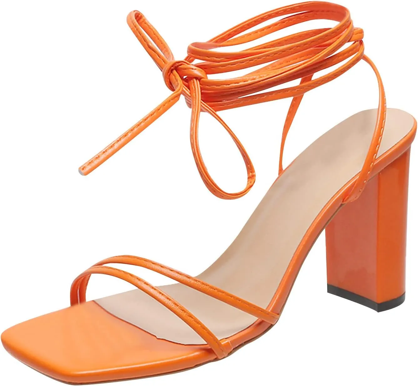 Strappy Heels for Women Bow Ankle Wrap Chunky Heels Open Toe Strappy Sandals Wedding Bride Dressy Pumps Block Heels