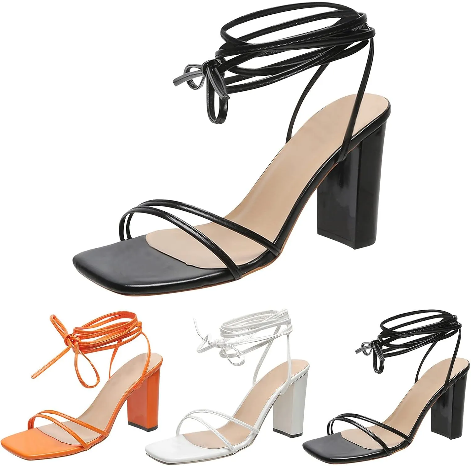 Strappy Heels for Women Bow Ankle Wrap Chunky Heels Open Toe Strappy Sandals Wedding Bride Dressy Pumps Block Heels