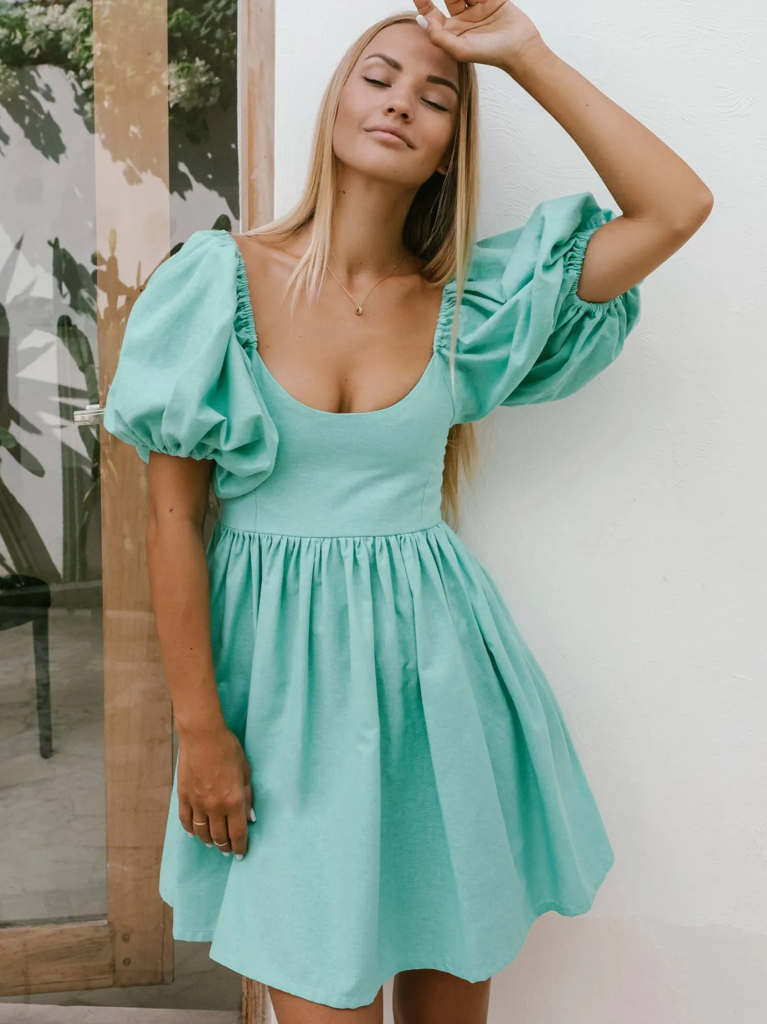 Strawberry Fields Puff Sleeve Linen Mini Dress - Mint
