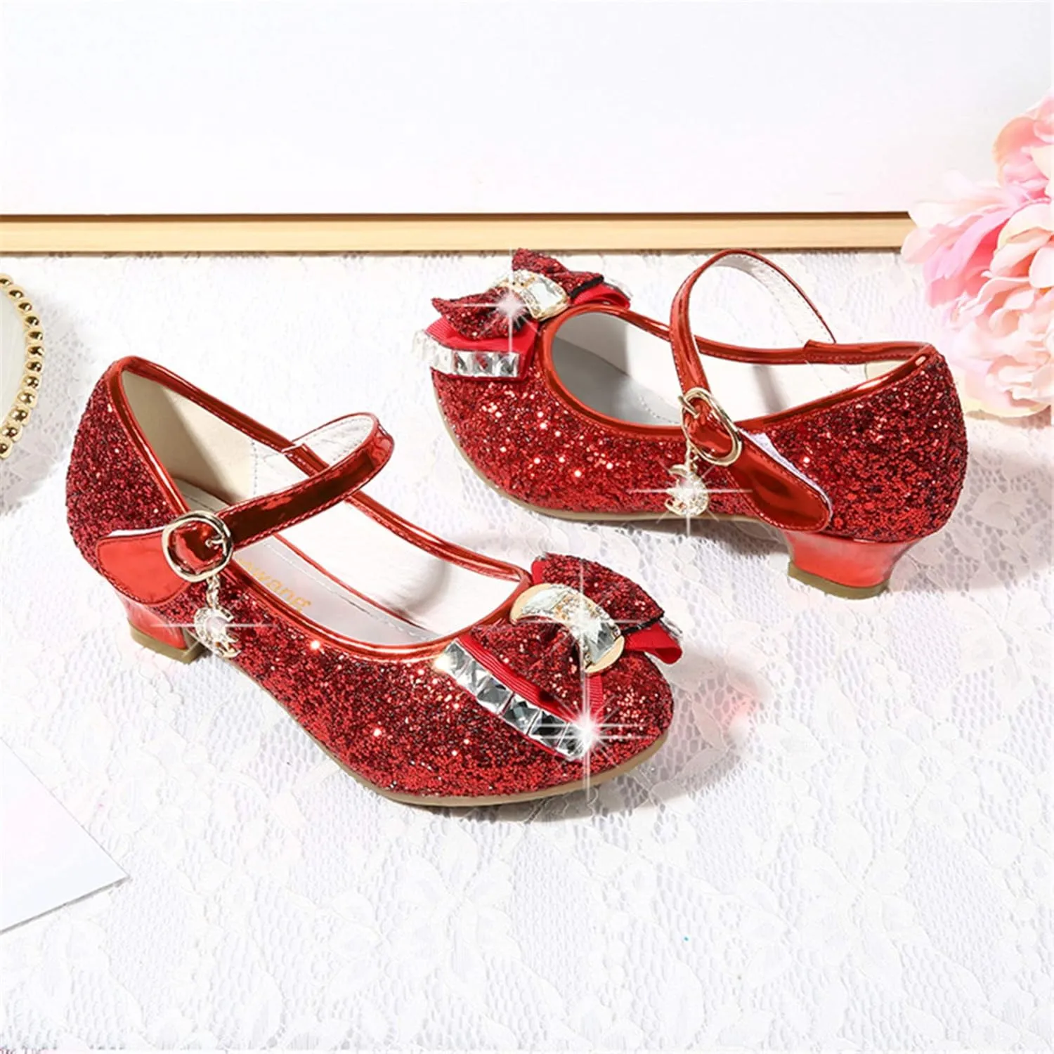 Stunner Girls Dress Shoes Wedding Party Heels Bow Sparkly Mary Jane Princess Shoes