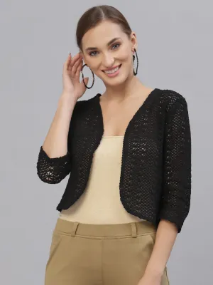 Style Quotient Women Black cotton self design lace crop open front shrug