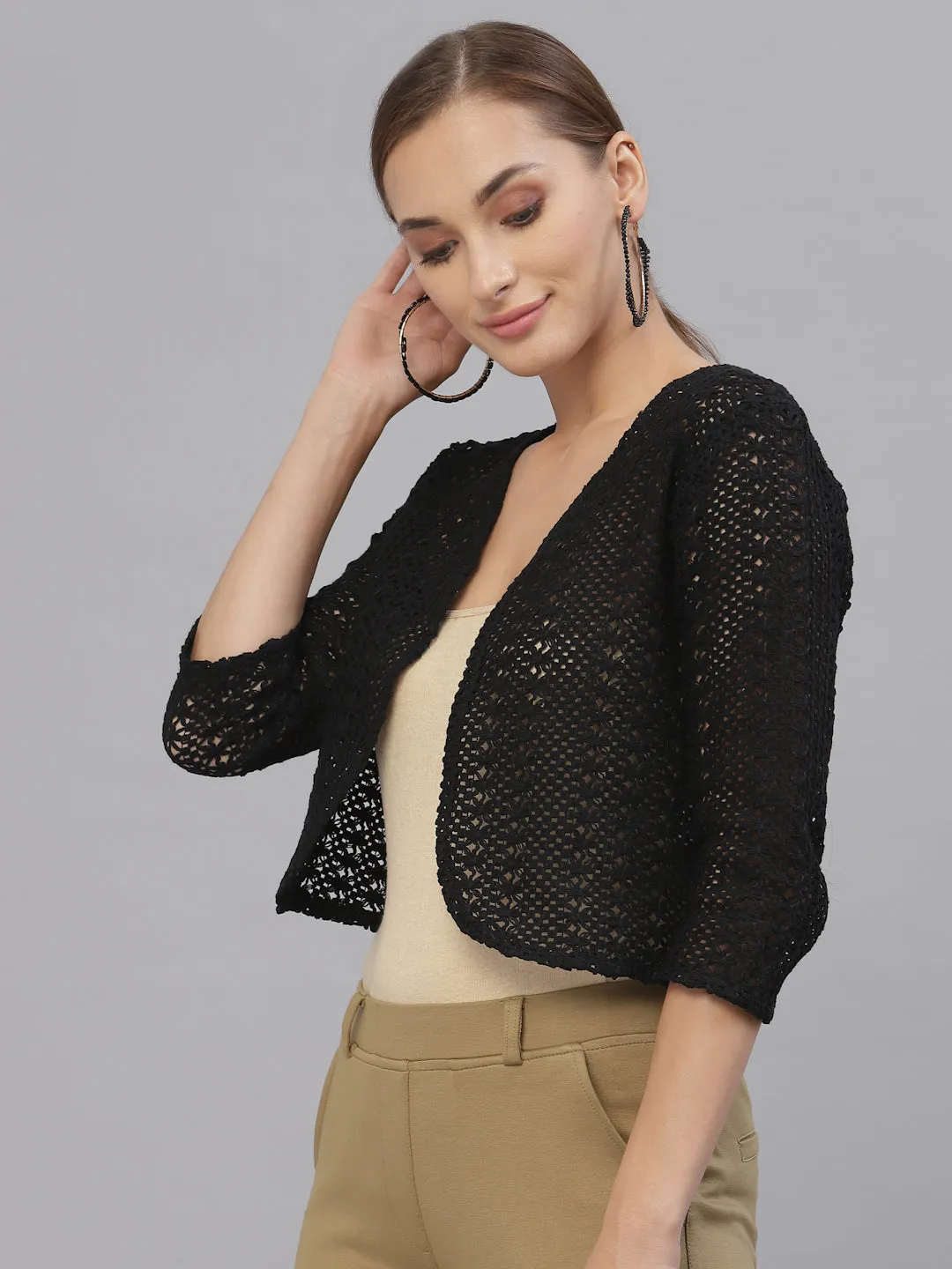 Style Quotient Women Black cotton self design lace crop open front shrug