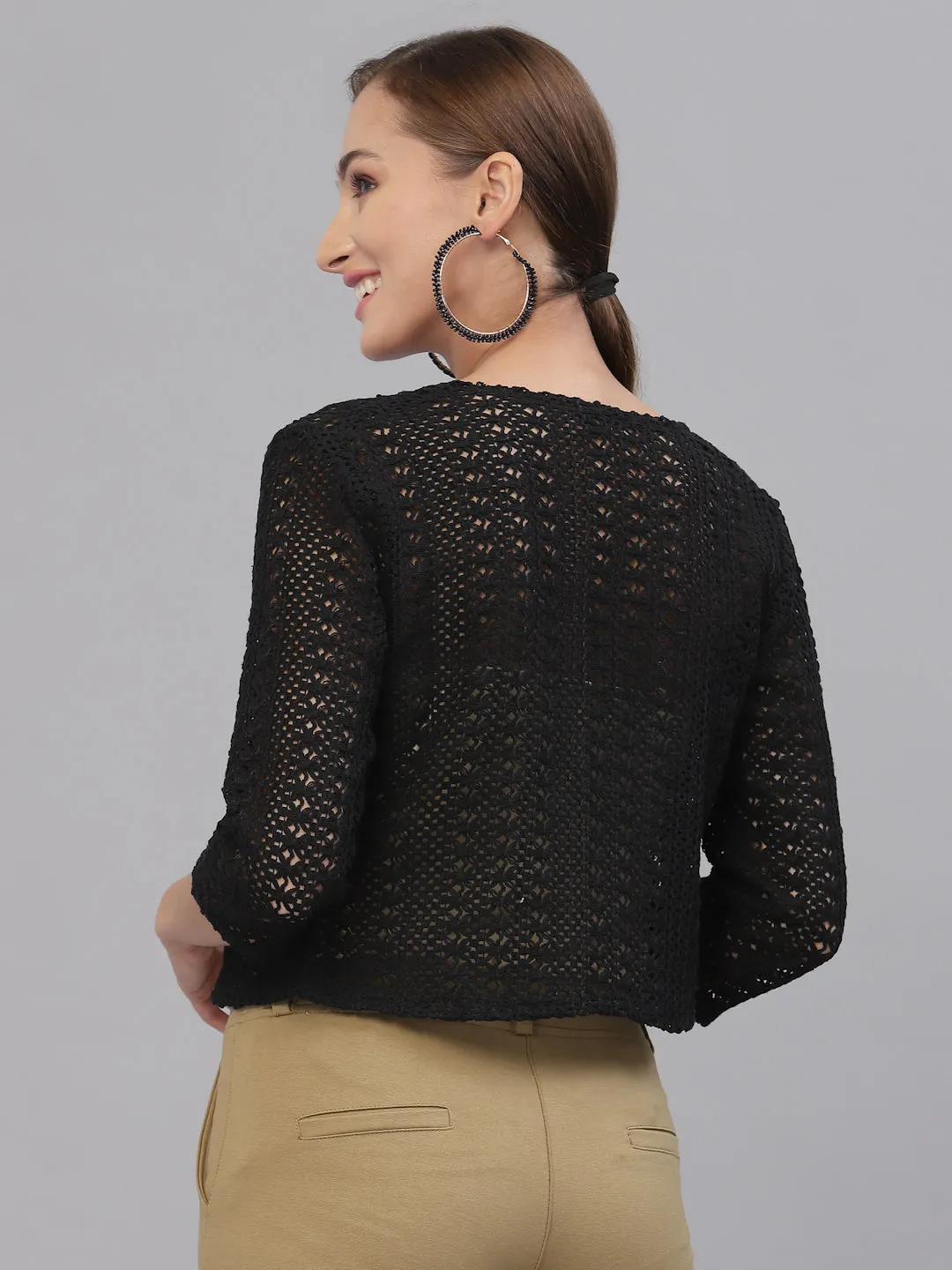 Style Quotient Women Black cotton self design lace crop open front shrug