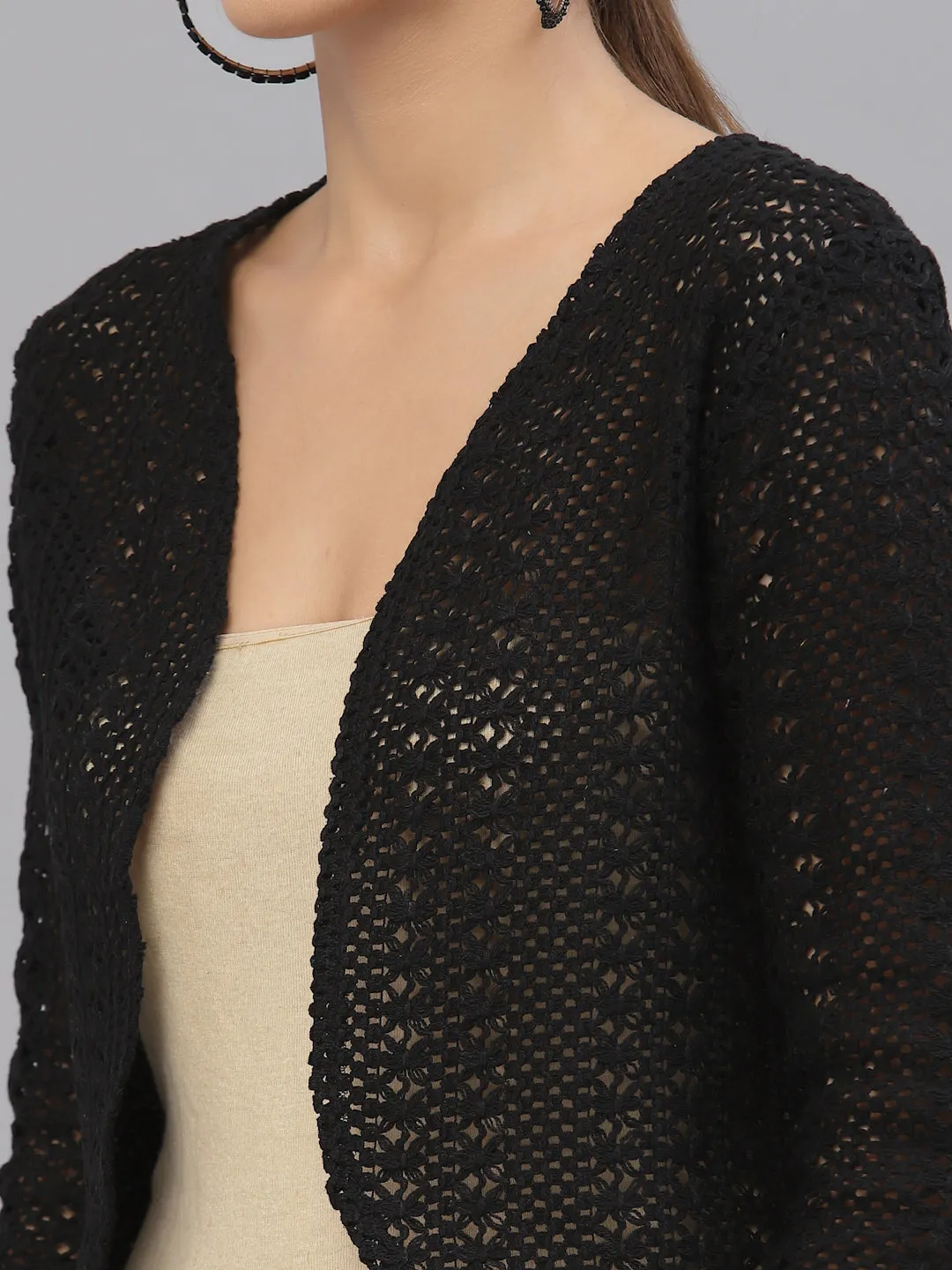 Style Quotient Women Black cotton self design lace crop open front shrug