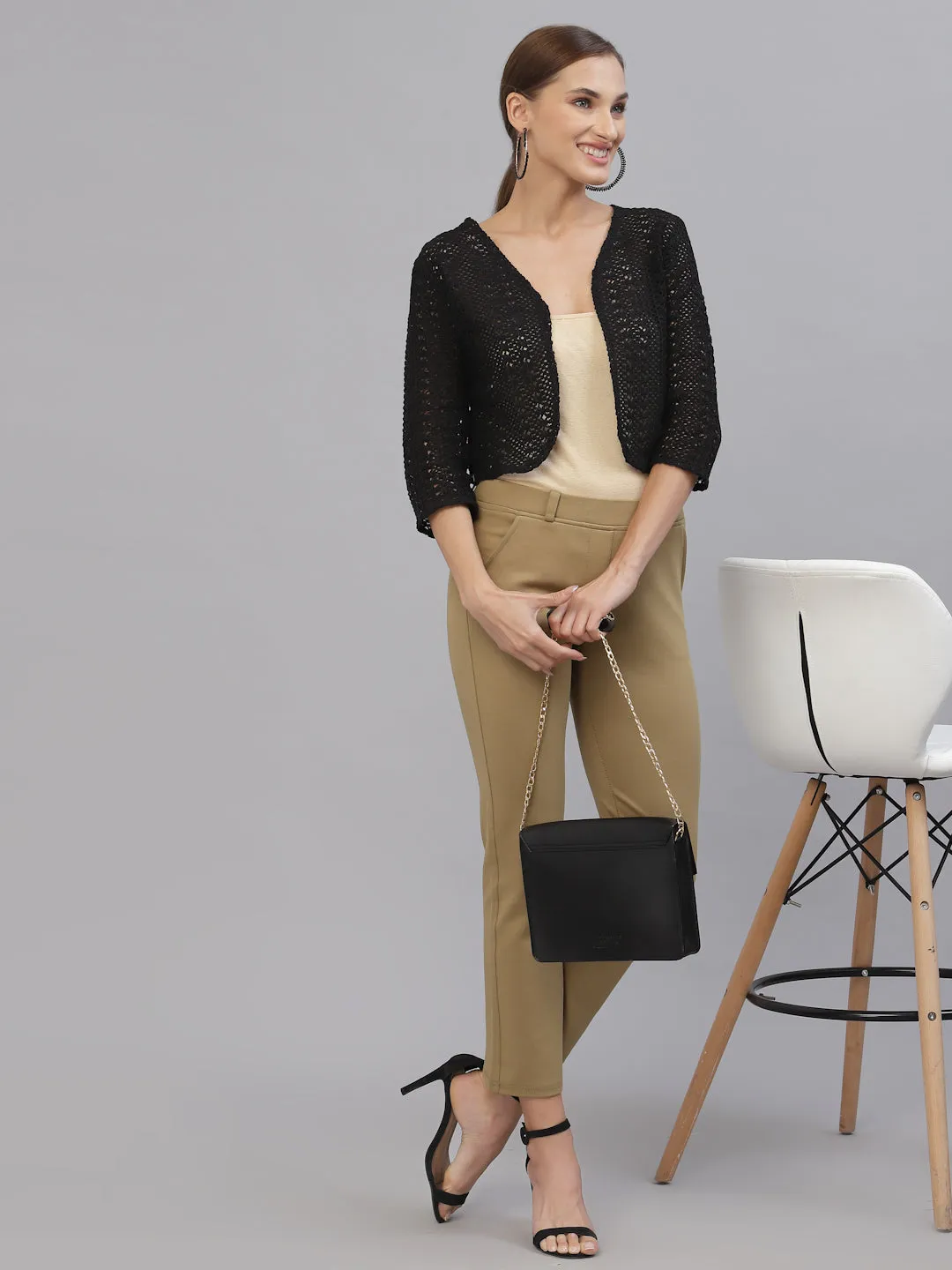 Style Quotient Women Black cotton self design lace crop open front shrug