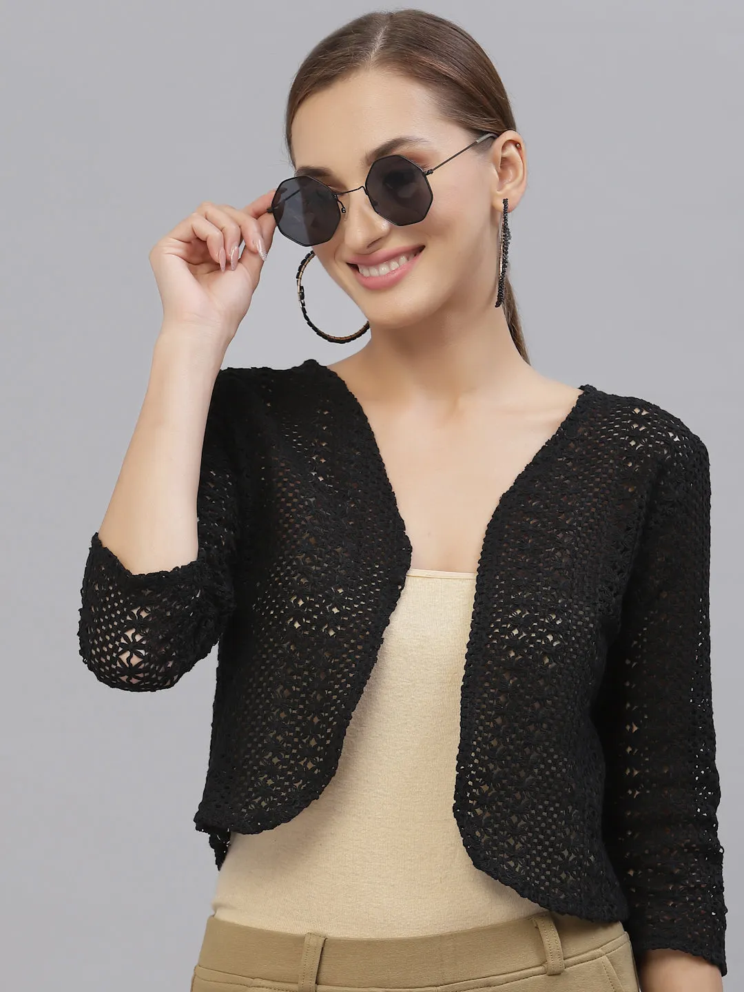 Style Quotient Women Black cotton self design lace crop open front shrug